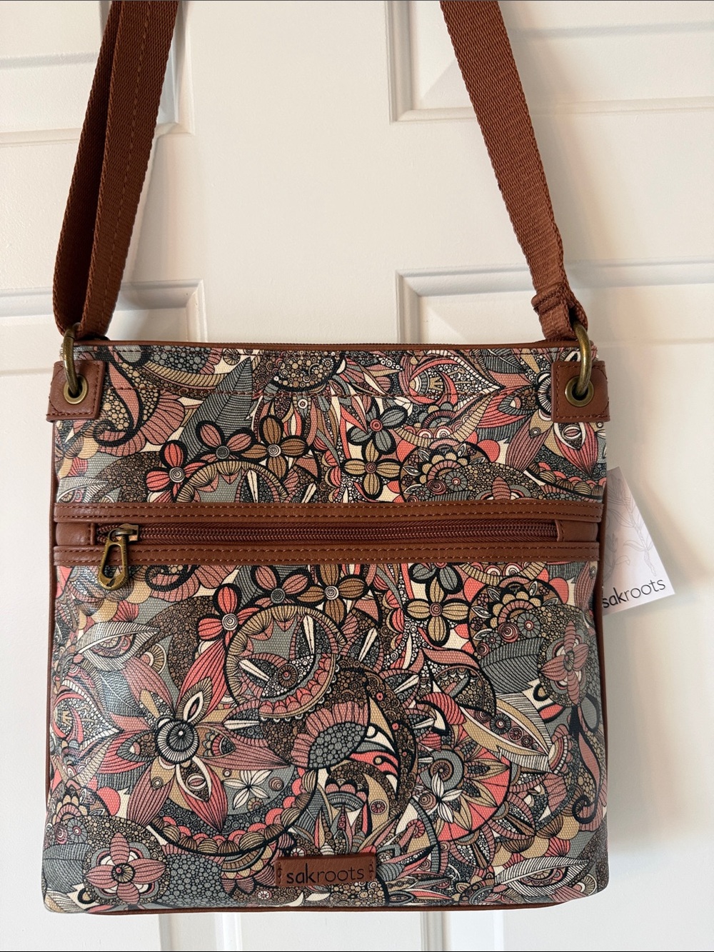 Sakroots Multicolor Floral Crossbody Bag with Brown Trim